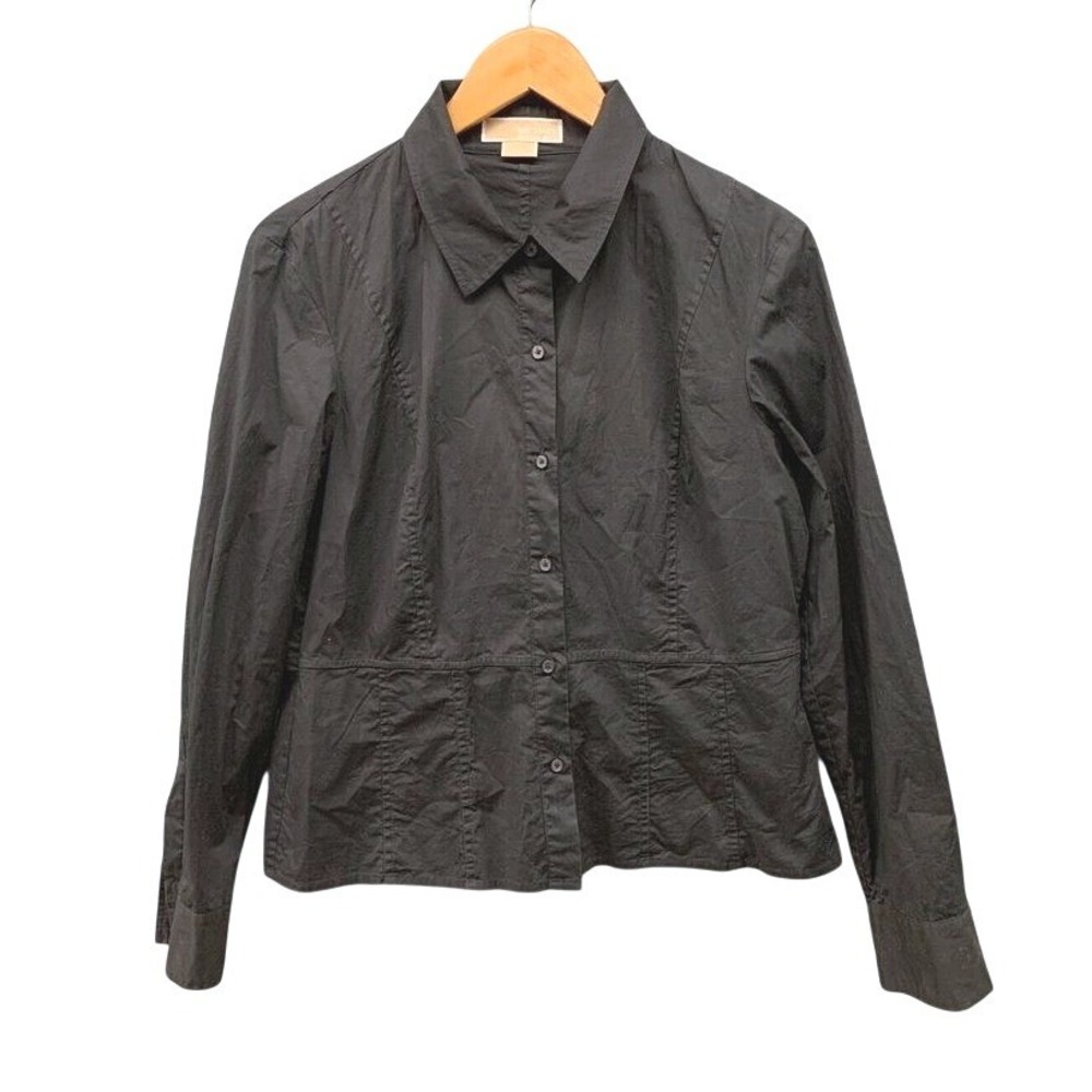 Michael Kors Button Front Shirt Womens L Black Tailored Long Sleeve Office Top